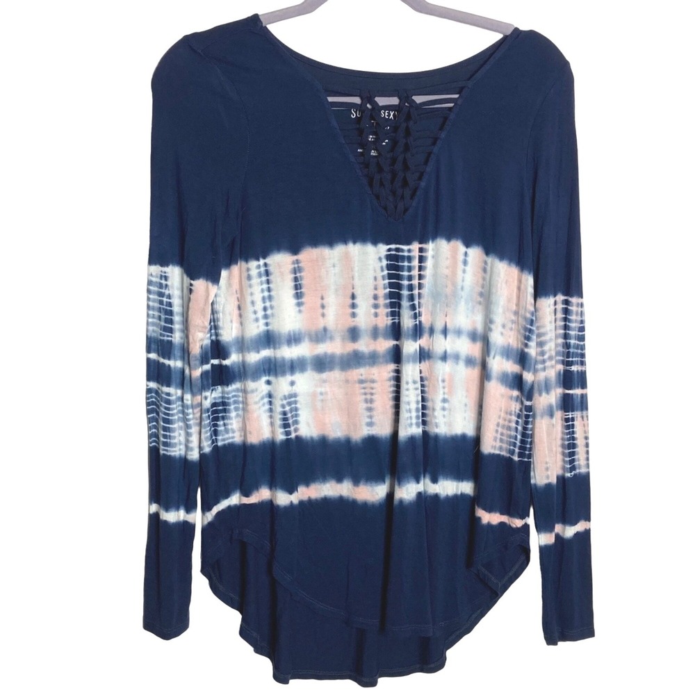 American Eagle Soft & Sexy Shirt S Tie Dye Blue Pink Viscose Woven Crochet Neck